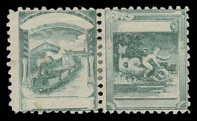NEWFOUNDLAND FAKES AND FORGERIES  Four different designs without denomination, lithographed in blue green with (3c) Ship and (5c) Train, both are normally known with denomination, plus Child Riding Fish and Lighthouse. Perforated 11 on gummed paper, trivial flaws of no importance for these very elusive stamps.