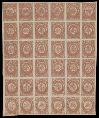 NEWFOUNDLAND FAKES AND FORGERIES  Three engraved Oneglia se-tenant sheets of 36 - consisting of six vertical se-tenant columns of 2p, 4p, 6p, 6½p, 8p & 1sh values, printed in dark brownish scarlet, red orange and venetian red respectively; first pane is now a vertical strip of 6 and block of 30 on thick cream paper, folded horizontally at centre; second pane folded horizontally at centre between 6p & 6½p rows on the same paper; third pane on thin hard paper with watermark. Quite well-executed forgeries.
