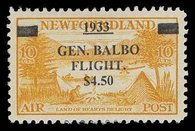NEWFOUNDLAND FAKES AND FORGERIES  Fake Balbo surcharge in an unusual block type font, trying to emulate the ultra rare Balbo essay. Unknown origin.
