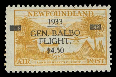 NEWFOUNDLAND FAKES AND FORGERIES  Fake Balbo essay surcharge (appears Position 2 of the "New York" forgery); very deceptive. 1979 BPA cert.