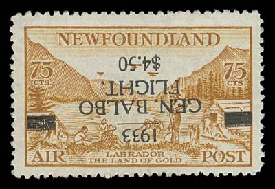 NEWFOUNDLAND FAKES AND FORGERIES  A very well executed forgery of the valuable inverted surcharge error; ideal reference. 1979 BPA cert.