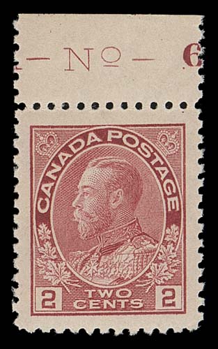 CANADA  106c,Fabulous mint single displaying precise centering amid remarkable oversized margins, shows portion of plate "No - 6" imprint in top margin, printed in a beautiful distinctive pale shade; a great stamp for the discerning collector, XF NH GEM