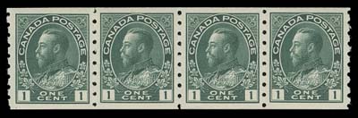 CANADA  125ii,An unusually well centered mint coil strip of four in a distinctive early shade, seldom encountered in such premium condition, XF NH