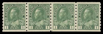 CANADA  125v,A very well centered mint paste-up coil strip of four in a wonderful shade, VF NH