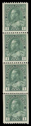 CANADA  131ii,An extremely well centered mint coil strip of four with large margins, the scarcer early shade, VF+ NH