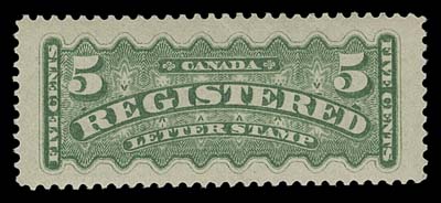 CANADA  F2i shade,A precisely centered mint single surrounded by enormous margins, printed in a lovely green shade with a tinge of yellow (but not to be confused with the scarcer yellow green shade), full original gum; a beautiful stamp, VF+ NH

Stamp is Position 74 from Plate 2, with distinctive mark in "S" of "REGISTERED. See Harrison, Arfken & Lussey "Canada