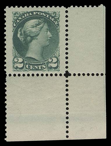 CANADA  36ii,A remarkable mint corner margin single, well centered with  unusually wide margins, amazing deep rich colour - unlike any  other shades of this stamp, full original gum, lightly hinged  almost confined to sheet margin. A wonderful stamp, XF LH GEM; ex. George Arfken (October 1990; Lot 447)