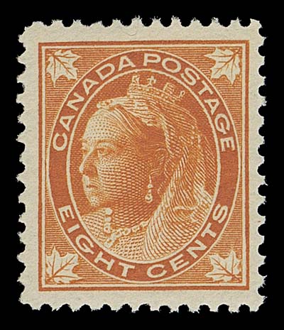 CANADA  72ii,A brilliant fresh mint example, nicely centered with radiant colour on the distinctive horizontal mesh paper, full pristine original gum. Considerably scarcer in such choice condition than the standard Eight cent on vertical wove, VF NH