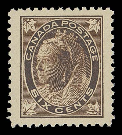 CANADA  71,A spectacular mint single with fabulous centering and incredibly  large margins virtually unheard off on the Leaf issue, full  pristine original gum, never hinged. In all likelihood THE FINEST  EXISTING Six cent extant, XF NH JUMBO GEM; ex. "Lindemann"  collection