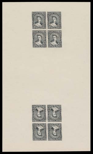 CANADA FAKES AND FORGERIES  Peter Winter (ProPhiForum) of Bremen, Germany intact forgery "sheetlet" sold by House of Stamps in Geneva, consisting of two tête-bêche blocks of four, offset printing in black on off white wove paper measuring 115 x 194mm. Includes 32 pages House of Stamps catalogue illustrated their "wares"; not often seen. Interesting and quite well done.