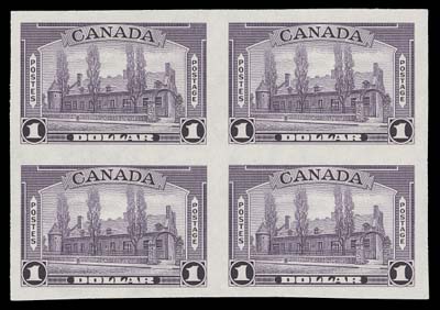 CANADA  241b-245b, 241c,The complete set of six in mint imperforate blocks of four, with both shades of the ten cent, each with fresh colour and large even margins; trivial gum wrinkle on 20 cent block. Rarely seen in blocks and especially in such choice quality, VF-XF NH