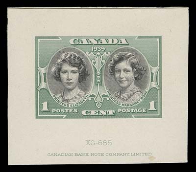 CANADA  246,Die proof printed in light green and black on india paper 47 x 42mm mounted on card, showing die "XG-685" number and CBN imprint below, the green colour is noticeably different compared to other proofs we have seen, VF