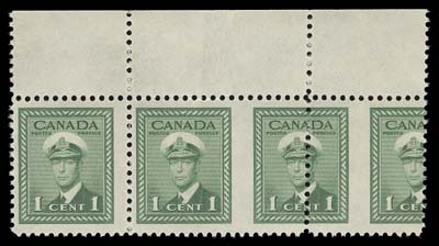 CANADA  249 variety,Top margin mint horizontal strip with a major shift of vertical perforations creating a quasi-imperforate between pair, left stamp normal and right-hand stamp with major misperf variety, couple vertical bends which caused this striking error; a great item for a specialist, VF NH