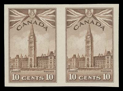 CANADA  249d-262a,The complete set of fourteen mint imperforate pairs, the key One dollar destroyer in a block of four, all choice with fresh colours; 20c pair LH, otherwise VF NH