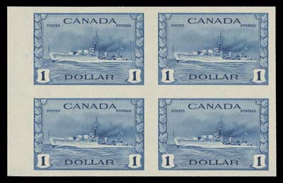 CANADA  249d-262a,The complete set of fourteen mint imperforate pairs, the key One dollar destroyer in a block of four, all choice with fresh colours; 20c pair LH, otherwise VF NH