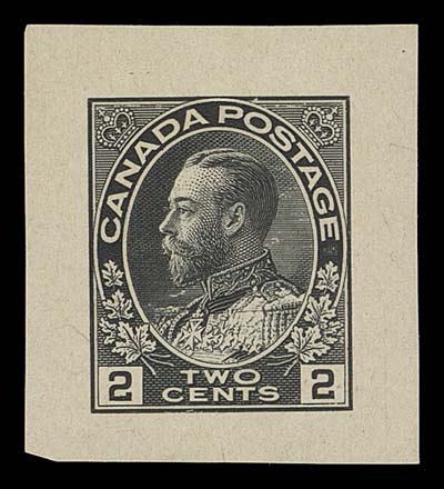CANADA  106,Engraved Small Trial Colour Die Proof in black on yellowish vertical mesh paper 27 x 30mm; the Retouched Die showing strengthening of vertical lines in corner spandrels, appealing and very scarce, VF