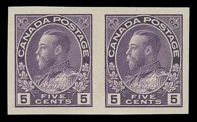CANADA  112b,Selected mint imperforate pair displaying full margins and deep colour; an attractive example in sound condition, VF+ hinged