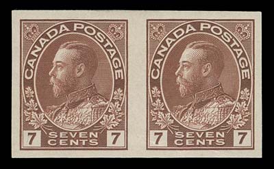 CANADA  114a,A full margined mint imperforate pair with bright colour and sharp impression, faint trivial wrinkle and gum glazing on right stamp, otherwise VF LH (Unitrade cat. $3,000)