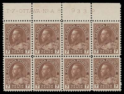 CANADA  114,A post office fresh, well centered mint Plate 8 block of eight, VF NH (Unitrade cat. $840 as singles)