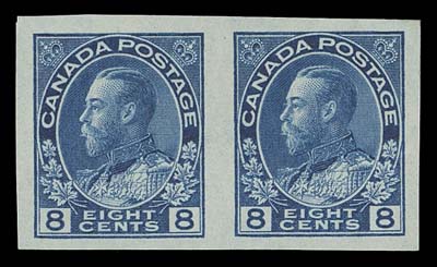 CANADA  115a,Mint imperforate pair with deep rich colour, overall light gum disturbance but otherwise sound, a scarce pair, VF OG (Unitrade cat. $3,000)