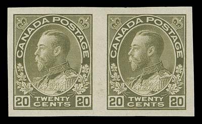 CANADA  119a,A large margined mint imperforate pair, light printing ink adherence on gum side, nevertheless an attractive pair, VF OG (Cat. $3,000)