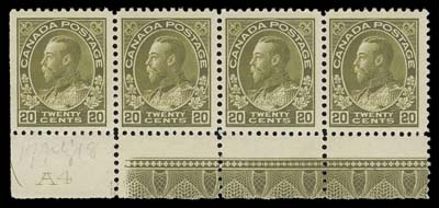 CANADA  119c,A well centered mint plate A4 lower left horizontal strip of four, three stamps with full Type A lathework with one showing prominent doubling (20mm wide), end stamps LH, centre pair NH. An impressive multiple, VF