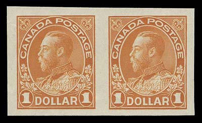 CANADA  122a,A lovely mint imperforate pair with large margins and deep colour, superior in all aspects and certainly one of the finest existing pairs, XF NH
