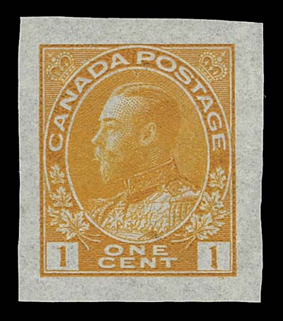 CANADA  105,Engraved Small Die Proof  (Die I) printed in orange yellow on a distinctive thin horizontal white wove paper 22 x 26mm; very unusual as most of the known die proofs do not show any orange hue and are invariably from Die II on india paper, VF; 1995 Greene Foundation cert.