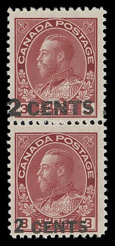CANADA  139c, v,A fresh and quite well centered mint vertical pair of the surcharge ESSAY, characteristic larger font on top stamp and normal surcharge on lower stamp, faintest trace of a hinging at top, lower stamp NH, F-VF

Interestingly enough this surcharged pair is on the scarcer and much more valuable Die II stamps.