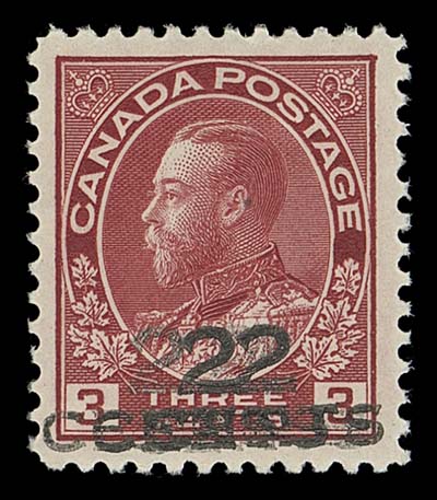 CANADA  140b,A fresh, well centered mint single with prominent triple surcharge error, small ink marks on gum side, VF LH