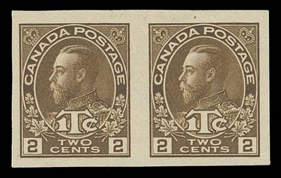 CANADA  MR4c,Imperforate pair of the elusive die, in remarkably choice condition with large margins, showing the distinctive darker shade, ungummed as issued. A sought-after pair missing from even advanced collections, VF+