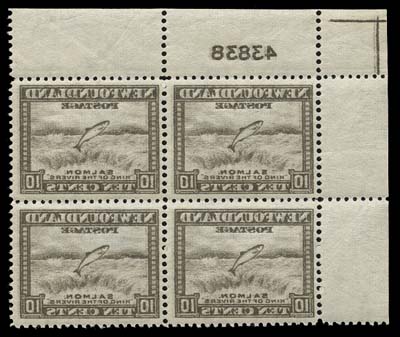 NEWFOUNDLAND  260i,Upper Left Plate "43838" block displaying a remarkably strong, complete reverse offset image on the gum side. A rare and eye-catching multiple, VF NH (Cat. as four singles)