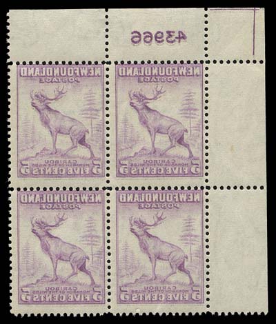 NEWFOUNDLAND  257vi,Upper Left Plate "43966" block with a striking full reverse offset image on the gum side, rare, Fine NH (Cat. as four singles)