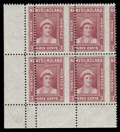 NEWFOUNDLAND  255 variety,Mint corner block showing a dramatic perforation shift error, most unusual, VF NH