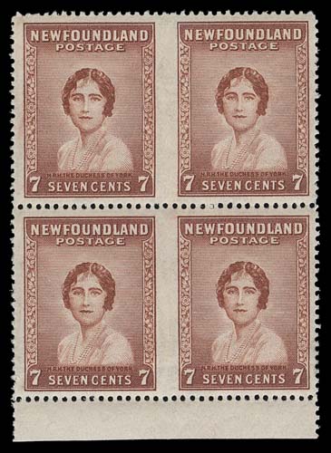 NEWFOUNDLAND  208b,A well centered mint block of four imperforate vertically between pairs, part sheet margin at foot, couple light natural gum bends, a very seldom seen block, VF NH