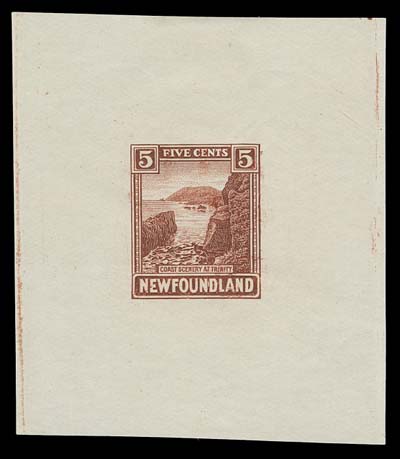 NEWFOUNDLAND  135,Trial Colour Die Proof in red brown on unwatermarked white wove paper 52 x 60mm, showing die sinkage on two sides; light bend, VF and attractive