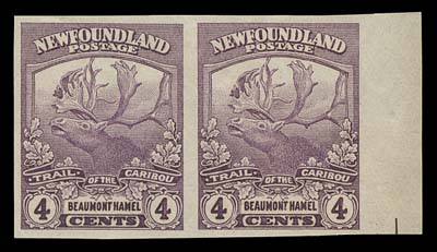 NEWFOUNDLAND  115a-126a,An impressive complete set of 12 imperforate pairs, ungummed as issued, mostly large margined and all with sheet margin at right; 1c & 4c with minor wrinkles. A scarce and desirable set of this sought-after series, VF

Other than the 4c each pair shows the right-hand centre of sheet "cross" guidelines in the sheet margin.