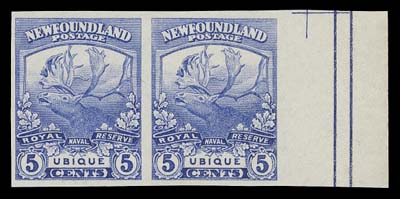 NEWFOUNDLAND  115a-126a,An impressive complete set of 12 imperforate pairs, ungummed as issued, mostly large margined and all with sheet margin at right; 1c & 4c with minor wrinkles. A scarce and desirable set of this sought-after series, VF

Other than the 4c each pair shows the right-hand centre of sheet "cross" guidelines in the sheet margin.