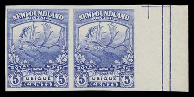 NEWFOUNDLAND  115a-126a,An impressive complete set of 12 imperforate pairs, ungummed as issued, mostly large margined and all with sheet margin at right; 1c & 4c with minor wrinkles. A scarce and desirable set of this sought-after series, VF

Other than the 4c each pair shows the right-hand centre of sheet "cross" guidelines in the sheet margin.