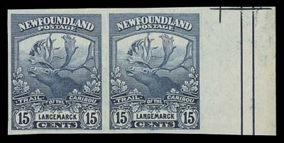 NEWFOUNDLAND  115a-126a,An impressive complete set of 12 imperforate pairs, ungummed as issued, mostly large margined and all with sheet margin at right; 1c & 4c with minor wrinkles. A scarce and desirable set of this sought-after series, VFOther than the 4c each pair shows the right-hand centre of sheet "cross" guidelines in the sheet margin.