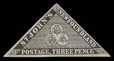 NEWFOUNDLAND  3,Engraved Die Essay in black, stamp size on card mounted india paper, showing the corrected lower left "3" (slating in the Die I essay) and having small differences not present in the final die for the issued stamp. One major trait not found on the plate proofs and issued stamps is the lack of the outer delineation line surrounding the central vignette trefoil. A very rare initial die proof of which not more than three of the Die II essay exist according to R. Pratt, VF (Minuse & Pratt 3E-A)Provenance: Ralph Hart, May 1977; Lot 624We would like to point out that no actual die proof of the final die is known in private hands. Only a few die essays of Die I and of Die II (according to Robert H. Pratt handbook) exist.