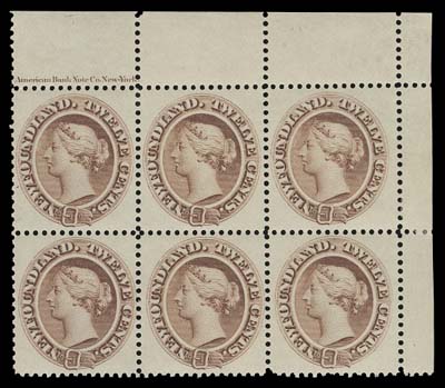NEWFOUNDLAND  29,A remarkably fresh and unusually well centered mint upper right  plate block of six showing the full ABNC imprint at top left,  lightly hinged on top right and bottom left stamps leaving four  NH. A beautiful plate imprint block, VF (Unitrade cat. $1,400)