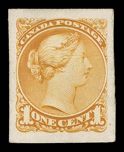 CANADA  34/43,Seven different plate proofs on card mounted india paper, in choice condition, large margins except the ½ cent and 3 cent which are on india, includes ½c black, 1c orange yellow, 3c orange red, 5c olive green, 6c brown corner margin example, 8c slate and 10c salmon pink, VF (Unitrade cat. $4,200) Also includes (not counted) three different imperforate singles on wove paper, each with 1983 RPS of London cert. stating "plate proof".