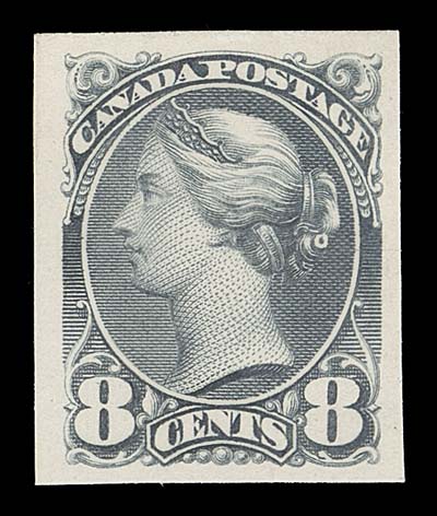 CANADA  34/43,Seven different plate proofs on card mounted india paper, in choice condition, large margins except the ½ cent and 3 cent which are on india, includes ½c black, 1c orange yellow, 3c orange red, 5c olive green, 6c brown corner margin example, 8c slate and 10c salmon pink, VF (Unitrade cat. $4,200) Also includes (not counted) three different imperforate singles on wove paper, each with 1983 RPS of London cert. stating "plate proof".