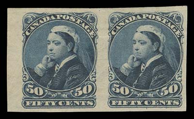 CANADA  47a,Mint imperforate pair with part sheet margin at left, characteristic deep colour, nicer than normally seen, VF hinged