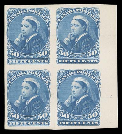 CANADA  47,Plate proof block of four in the distinctive bright shade of blue associated with this proof, on card mounted india paper with sheet margin at right; 10mm scissor cut between lower pair, rarely seen proof block, VF