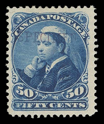 CANADA  46-47,Nicely centered mint singles with SPECIMEN (15mm long) handstamp in violet, similar to that applied to the 1897 Diamond Jubilee high values, large part original gum; a very elusive duo, VF