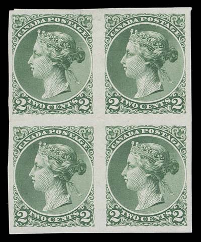 CANADA  Engraved plate essay block of four printed in green on india paper, small scissor cut between left pair otherwise a choice and beautiful block, VF