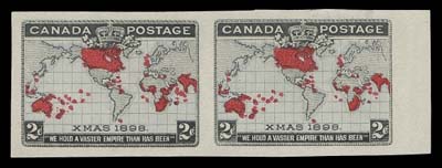 CANADA  85iii + variety,A large margined imperforate pair with grey oceans showing a prominent Major Re-entry (Plate 1; Position 89) with noticeable doubling in "CANADA POSTAGE", in lower left value tablet and other features, sheet margin at right and ungummed as issued. A great item for the specialist, VFArguably the second best Major Re-entry to be found on all issued plates of the Map Stamp - after the well documented Plate 5, Position 91 Major Re-entry.