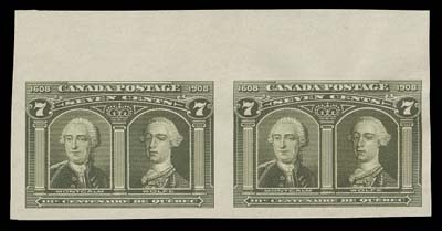 CANADA  100i,Top sheet margin imperforate pair from the so-called first printing in the deeper shade, ungummed as issued, VF